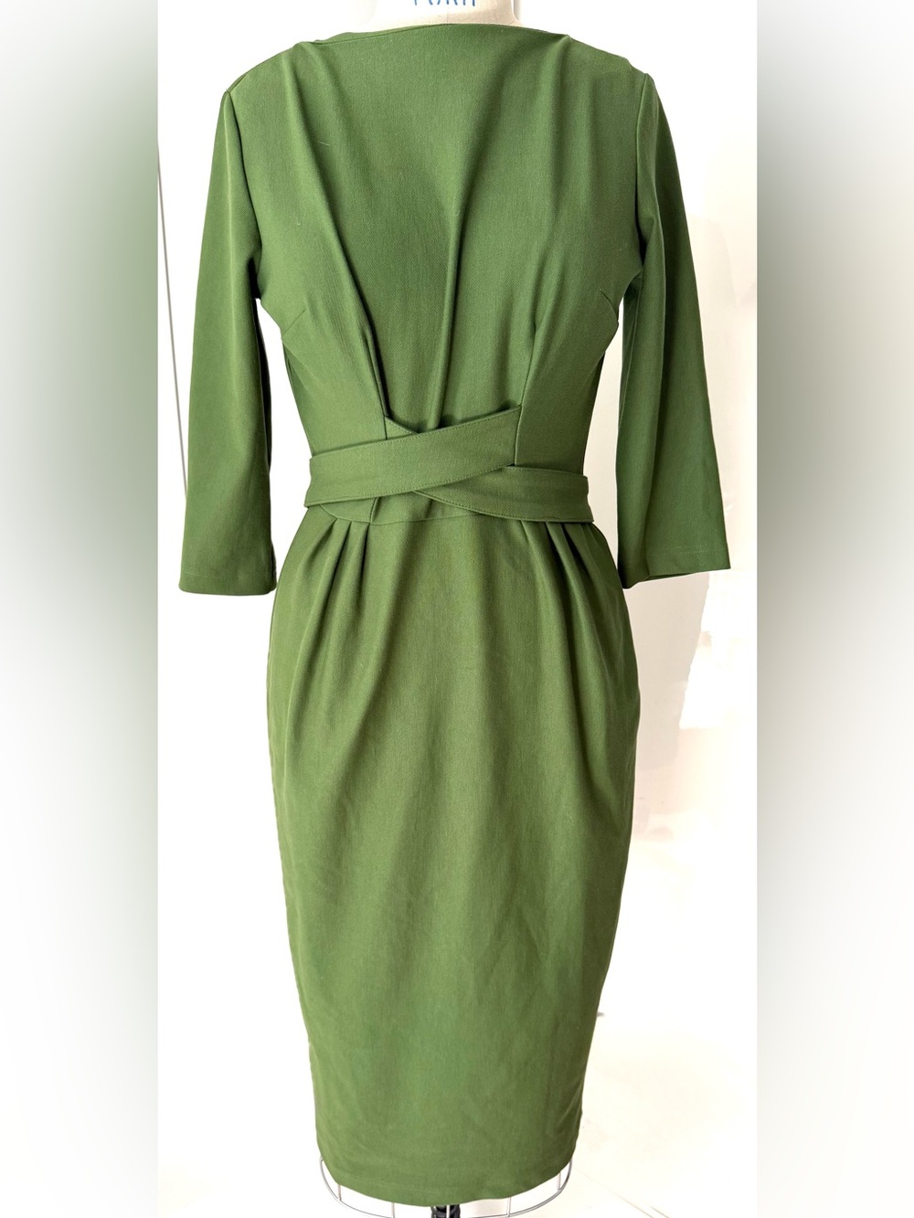 Form fitting Vintage Inspired Olive Midi Dress with Wrap Waist